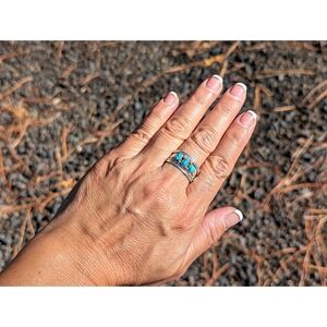 Native American 3-Stone Band Turquoise Ring Sterling Silver Jewelry Sz 10.25US**